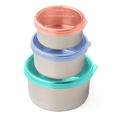 UKonserve Round Food Storage Container with Silicone Lid Set of 3, Tropical Sky
