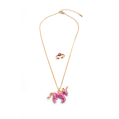 Great Pretenders Glitter Pink Unicorn Necklace & Ring Set