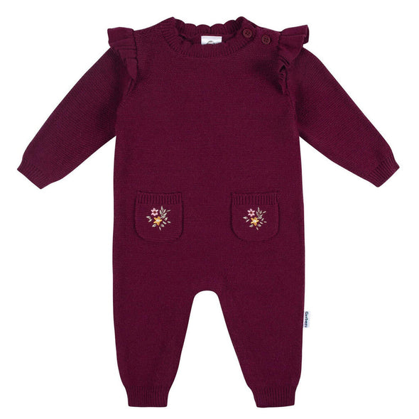 Gerber Sweater Knit Romper, Burgundy Flowers