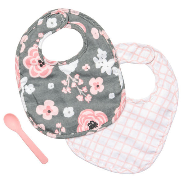 Stephen Joseph Bibs and Spoon Set, Charcoal Flower