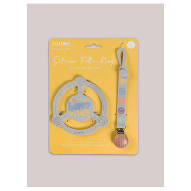 JujuBe Silicone Teether Ring with Clip, Happy Vibes