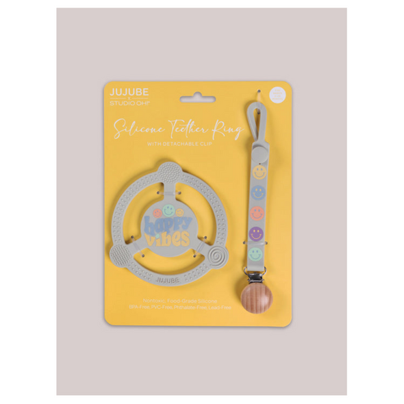 JujuBe Silicone Teether Ring with Clip, Happy Vibes
