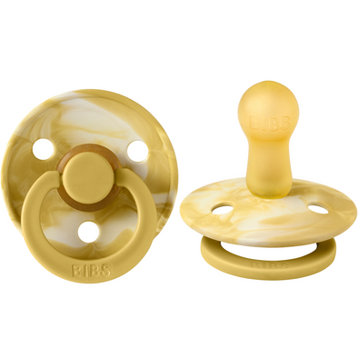 Bibs Pacifier 2 Pack, Natural Rubber Round Tie Dye Mustard Ivory Size 1